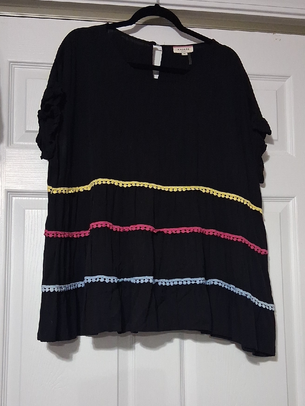 Women’s Black Short-Sleeve Tiered Tunic with Colorful Trim
